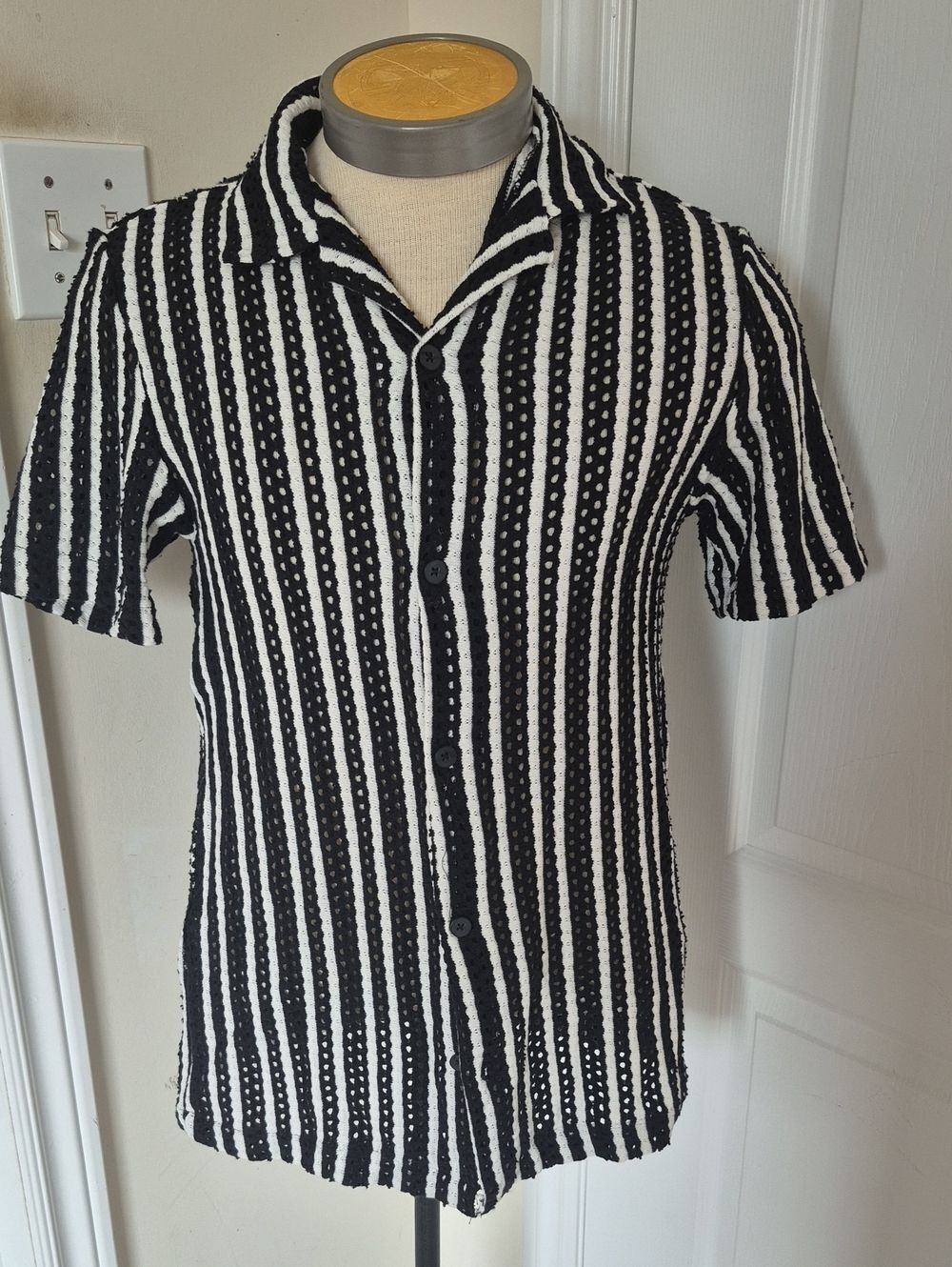 Black & White Striped Crochet Short-Sleeve Button Shirt
